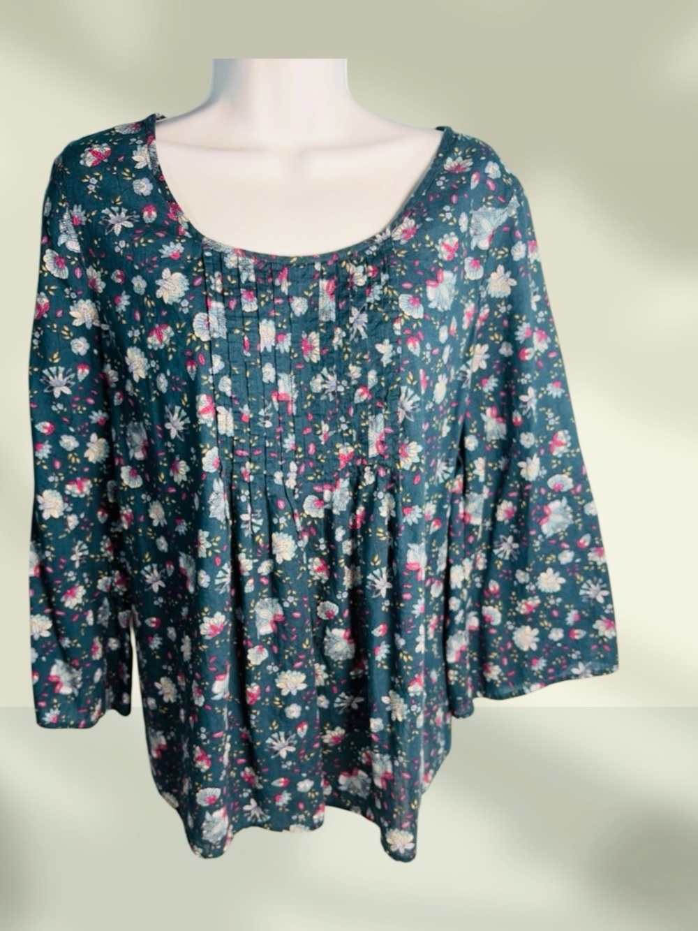J.Jill Pintucked Floral Cotton Peacock Folkloric Vine Long Sleeve Top Size M